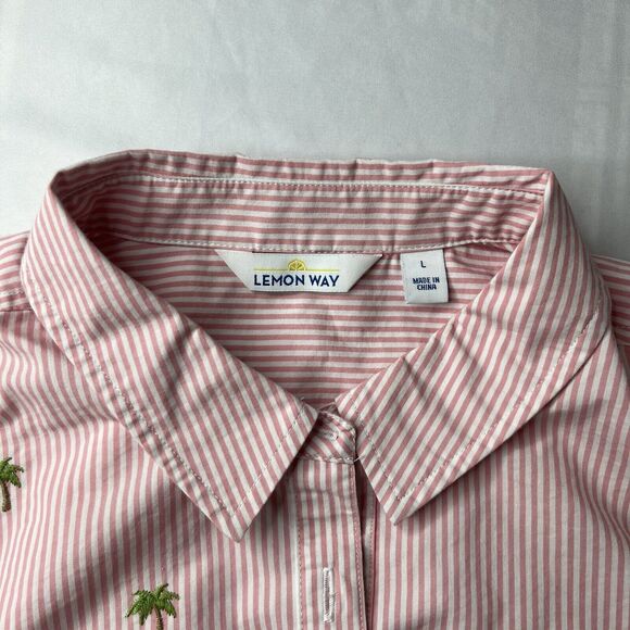 Lemon Way Shirt Womens Large Pink Striped Button Up Palm Trees Embroidery Preppy - Picture 7 of 11